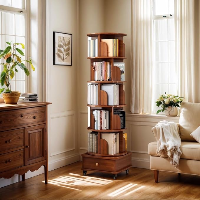 Rotating 360° Corner Bookshelf, 6-Tier Wood Bookcase with Wheels, Space-Saving Narrow Organizer for Bedroom, Living Room, and Study, Walnut Brown