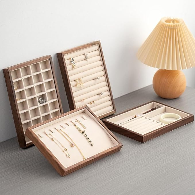 Black Walnut Wood Jewelry Tray with Velvet Lining, Multi-Functional Jewelry Organizer for Rings, Earrings, Necklaces & Bracelets, Drawer Jewelry Storage & Display Tray