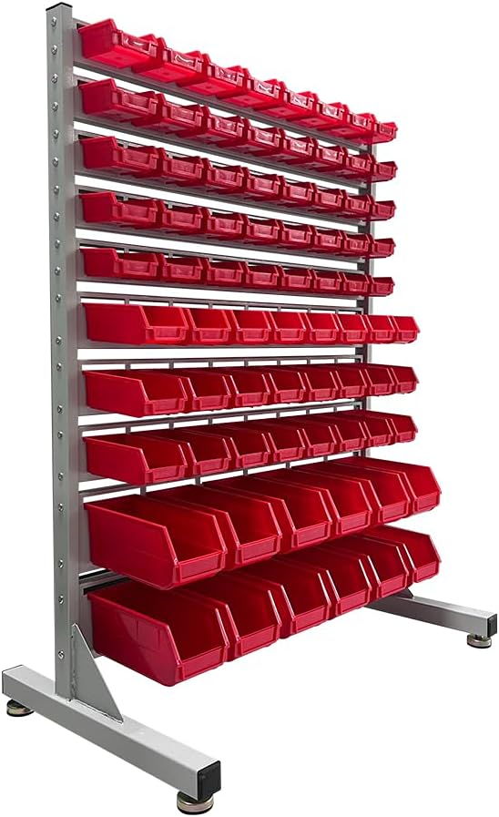 JZD Metal Bin Rack Storage Organizer System, Heavy Duty Steel Frame, 76 Plastic Bins, for Garage Workshop Factory