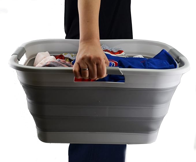 SAMMART 30L(8 gallon) Collapsible Plastic Laundry Basket - Foldable Pop Up Storage Container/Organizer - Portable Washing Tub - Space Saving Hamper/Basket - Water Capacity 24L(6.3 gallon) (1, Grey)