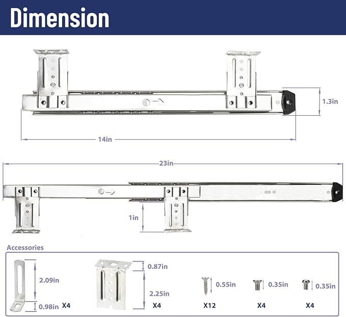 14" Keyboard Slide Heavy Duty Ball Bearing Slides Computer Tray Under Desk Rails Rack Cabinet Furniture Drawer Hardware Accessories with Adjustable Height Bracket & L Extension Support Bracket(Sliver)