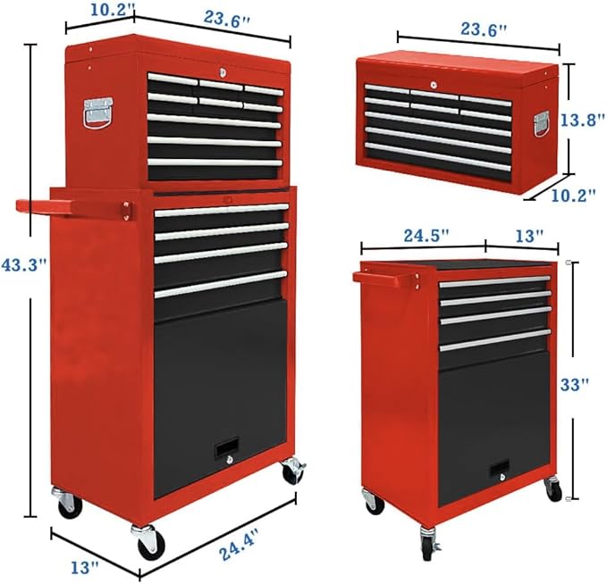 13 Drawer Tool Chest,Tool box with Wheels, Rolling Tool Cabinets with Drawers, Top Detachable Tool Chest with Hooks Handles for Workshop Mechanical Garage - (Black＆Red)