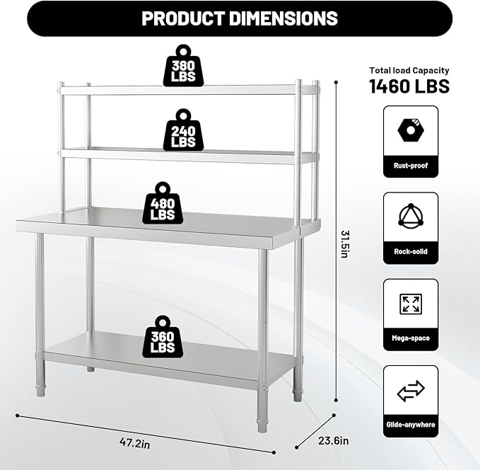 2-Tier Stainless Steel Commercial Work Table 47.2" W x 23.6" D x 31.5" H with Overshelf, Heavy Duty Kitchen Prep Table for Restaurant, Home Kitchen, Garage, Warehouse