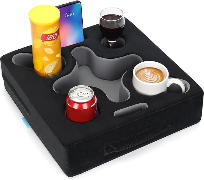 Couch Cup Holder Pillow-Sofa Cup Holder Tray Caddy Cupholder for Bed, Rv, Tv, Car, Man Cave, Backseat for Remote, Drinks, Snacks (Square-Black)