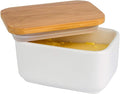 Porcelain Butter Dish with Lid,Ceramic Butter Dish with Bamboo Lip,Butter Keeper Container with Cover for Countertop or Refrigerator,Heat Resistant Kitchen Butter Storage Dish,White (300ml)