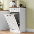Tilt Out Trash Can Cabinet, 10 Gallon Fluted Laundry Hamper Cabinet with Drawers, Freestanding Wooden Hidden Garbage Can Cabinets for Kitchen, Living Room, Without Trash Bin or Laundry Hamper, White