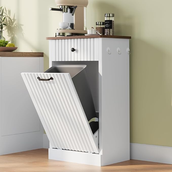 Tilt Out Trash Can Cabinet, 10 Gallon Fluted Laundry Hamper Cabinet with Drawers, Freestanding Wooden Hidden Garbage Can Cabinets for Kitchen, Living Room, Without Trash Bin or Laundry Hamper, White