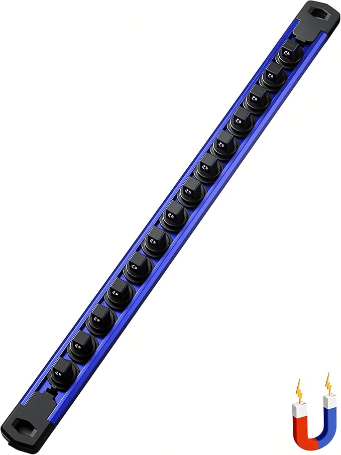ALOANES 3/8-Inch Drive Magnetic Socket Organizer, Heavy Duty Aluminum Socket Rail Organizer, 360° Swivel Clips Socket Holder Kit for Tool Box, 3/8-Inch Socket Holder x 14 Clips (Blue)