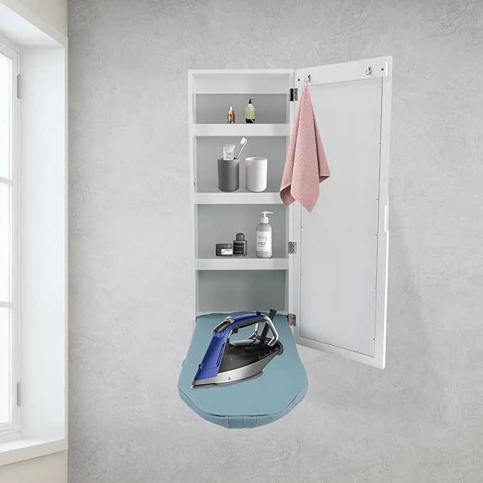 Wall Mounted Ironing Board Cabinet, Built-in Foldable Ironing Board, Wall Ironing Boards with Mirror and 2 Hooks for Home, Apartment & Small Spaces