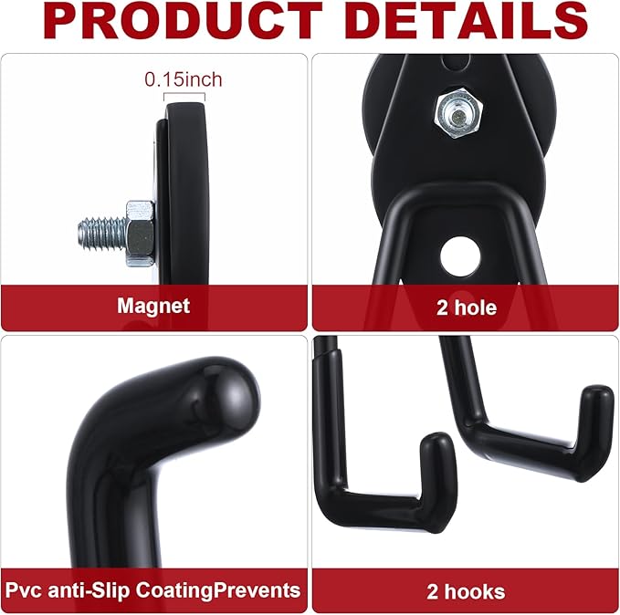 Landhoow Large Magnetic Hooks Heavy Duty Garage Magnet Hooks Strong Storage Utility Magnetic Hangers with Anti Slip Rubber Coating for Indoor and Outdoor Hanging(Black,4 Pcs)