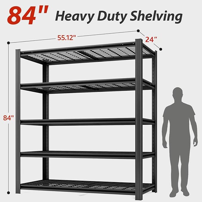Extra Large/Big 55.12"W Father&I Industrial 6-Heavy-Dudy-Shelf-Rack Utility Tall Garage/Warehouse Shelving Metal/Steel Storage Shelves Unit/System Adjustable for Bin/Shed, 84"*55.12*24", Black