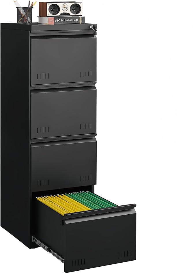 Metal File Cabinet with Lock, Vertical 4 Drawer File Cabinets for Home Office, Heavy Duty Office Storage Cabinet for A4/Letter/Legal Size, Assembly Required(Black)