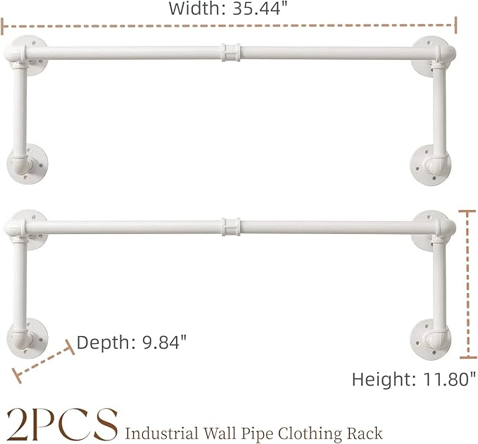 Clothes Racks, Industrial Pipe Clothing Racks for Hanging Clothes, Wall Mounted Heavy Duty Space Saving Garment Racks, Multi-Purpose Clothing Hanging Rods for Closet Storage, White, 2Pcs