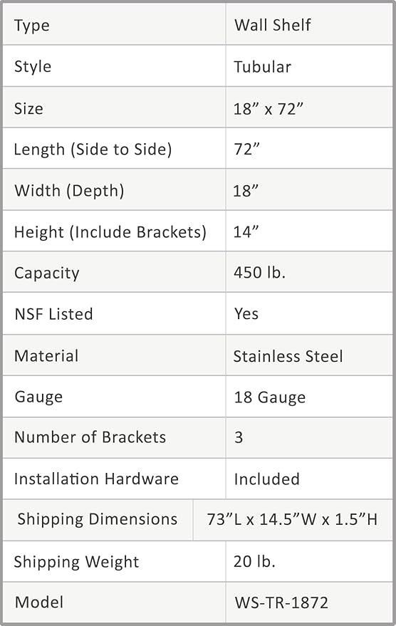AmGood 18 in. x 72 in. NSF Stainless Steel Tubular Wall Shelf | Heavy-Duty Metal Shelving for Appliances & Equipment | Ideal for Kitchen, Restaurant, Garage, Laundry, Utility Room