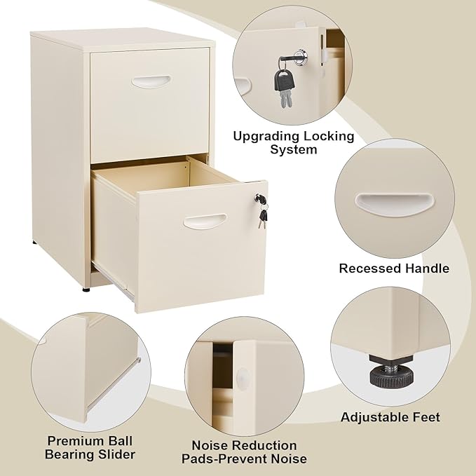 Filing Cabinet 2 Drawer with Lock, Under Desk Metal Filing Cabinet, Two Drawer Vertical File Cabinets Suitable for Letter-Size Files, Light Duty Metal File Storage for Home Office - Assembly Required