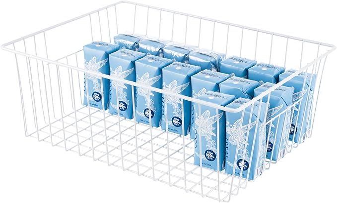 Upright Freezer Organizer Bins， Freezer Baskets for 16, 17, 21 cu.ft Standup Freezer, Wire Storage Baskets with Built-in Handles for Frozen Foods, Snacks, Vegetables, Fruits and More, Set of 4 , White