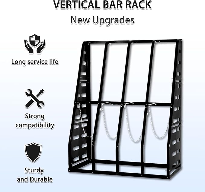 Steel Vertical Long Parts Storage Rack, Lumber Storage Rack 1500 LBS Capacity, Heavy Duty Standing Bar Rack with Safety Chain for Garage Workshop Factory, 4 Bays, Black,