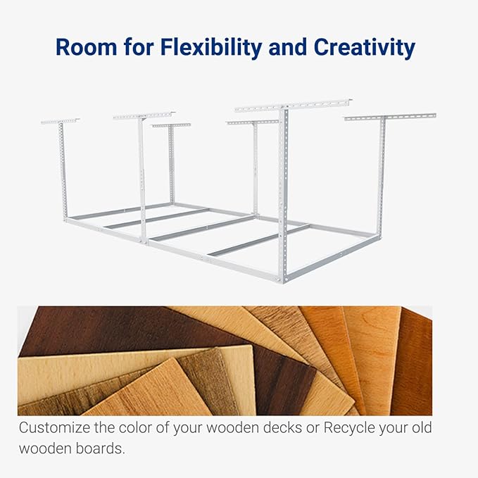 FLEXIMOUNTS 4x8 Overhead Garage Storage Rack without Decking, Garage Storage Organization System, Heavy Duty Metal Ceiling Storage Racks, 600lbs Weight Capacity, White, Lite Series