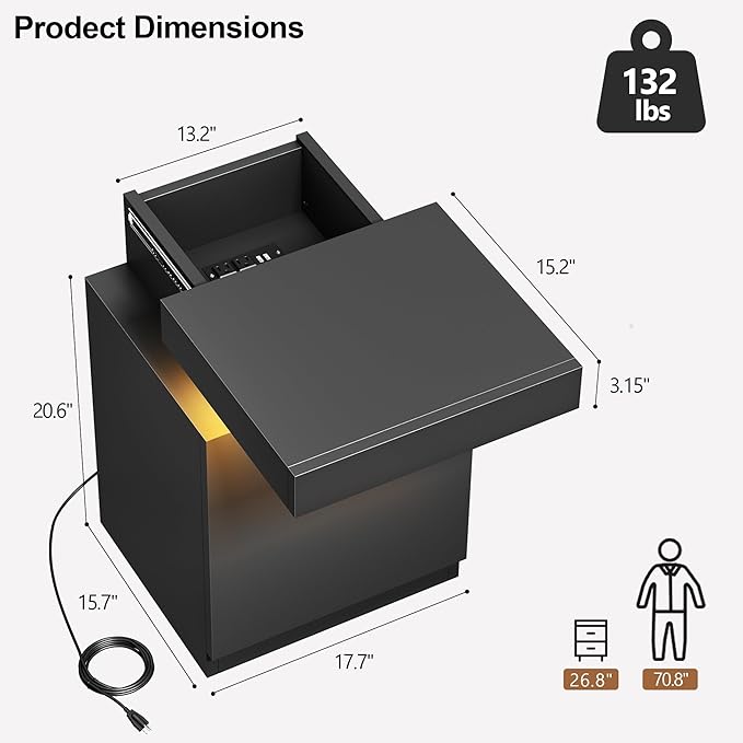 MXV LED Nightstand with Charging Station, Black Bedside Tables with Sliding Top, Storage Cabinet & Drawers for Bedroom, Modern End Tables for Bedroom Living Room (Black) (1)