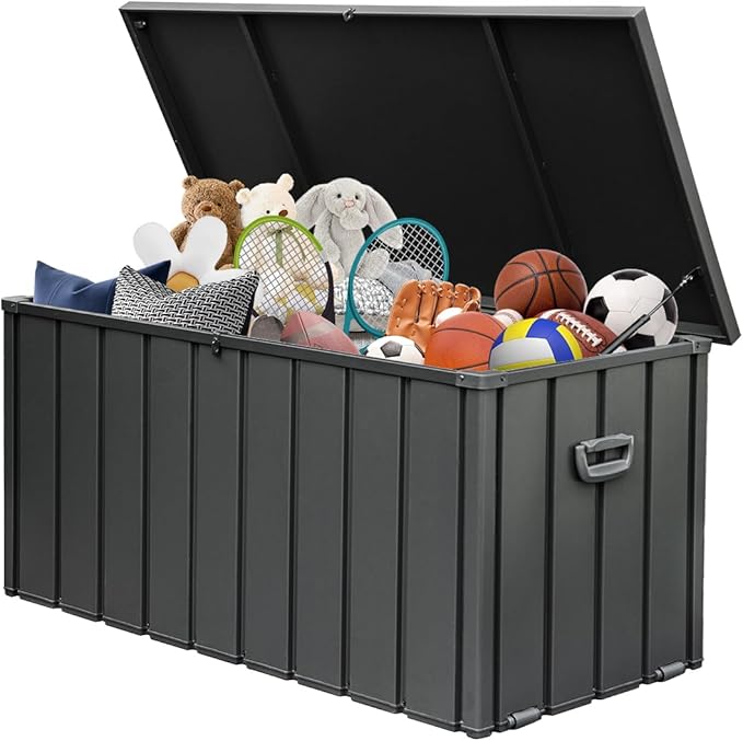Domi 120 Gallon Deck Box, Metal Outdoor Storage Box with Lock Wheels Side Handles, Waterproof Outside Storage Box for Patio Cushions, Shoes & Pool Tools