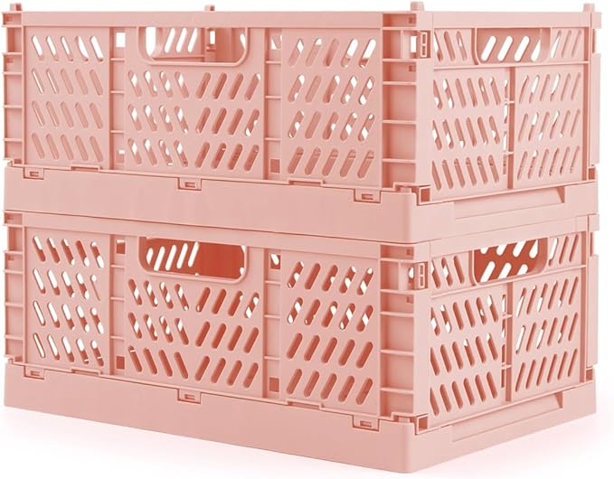 Domiella 2-Pack Crates for Storage, Storage Crates Plastic Stackable, Foldable Crate for Office Home Kitchen Bedroom Bathroom (Small, Pink)