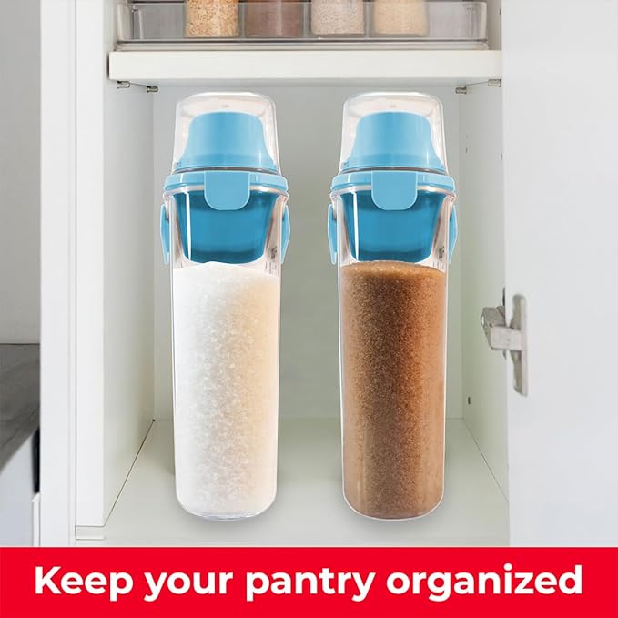 Two Pack Food & Cereal Storage Container - 2.6L Airtight Plastic Kitchen Organizer Bin with Pouring Spout, Measuring Cup Lid, Ideal for Dry Food, Rice, Sugar, Pet Food dispenser - BPA free (Blue)