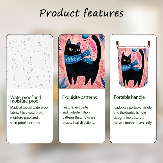 Laundry Baskets 15.7x19.7 Inch Large Black Cat Bird Floral Scarf Design Collapsible Laundry Hamper with Handles Oxford Fabric Clothes Storage Bin Foldable Dirty Clothes for Bedroom Bathroom Dorm
