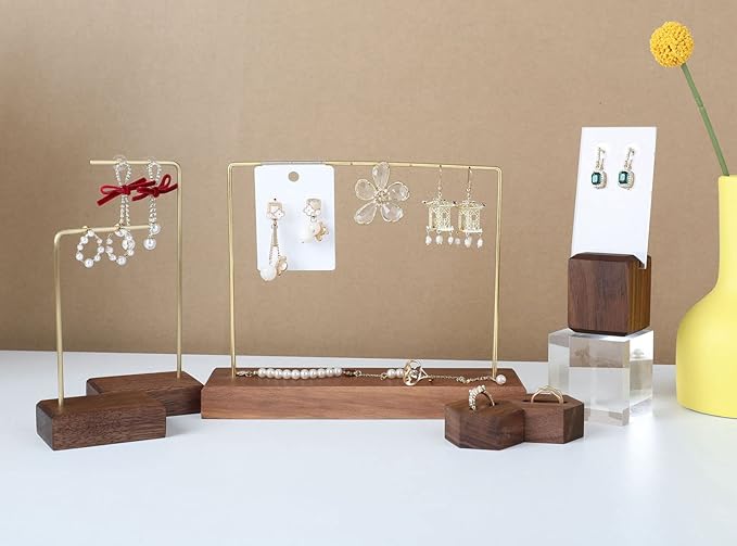 GemeShou Walnut Earring holder for selling, Brass earring stands and displays for show, Wood Jewelry Storage hanging shelf for Girl Woman【Walnut U Shelf Height 5.91"-Small】