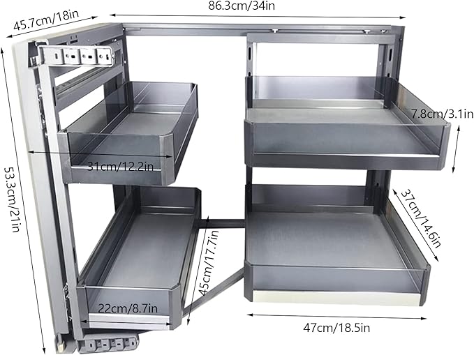 Blind Corner Cabinet Pull Out Organizer, 14 Inch 2 Tiers Pull Out Shelf with 4 Tempered Glass Baskets, 33 lbs Capacity per Basket, Adjustable Kitchen Storage for Corner Cabinet