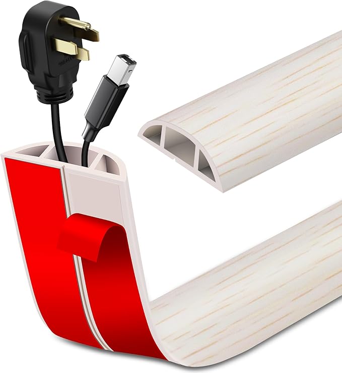 Floor Cord Cover Self Adhesive Cord Hider Floor Extension Cord Covers for Floor Power Cord Protector Cable Management Prevent Cable Trips Cable Cavity 0.47" W x 0.27" H (Beige Wood, 10Ft)