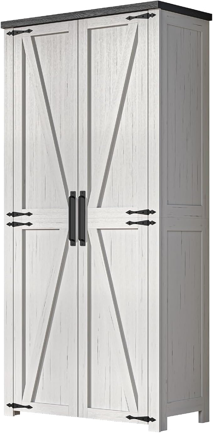White Farmhouse Kitchen Pantry Cabinet, 72" Tall Storage Cabinet with Adjustable Shelves，Farmhouse LED Food Storage with 2 Barn Doors for Kitchen, Dining Room, Living Room
