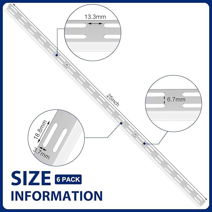 6 Pcs Dual Track Upright Wall Shelving System Heavy Duty Support System Twin Slot Shelf Rail Shelf Standards for Pantries Linen Closets Laundry Rooms(White,25 Inch)