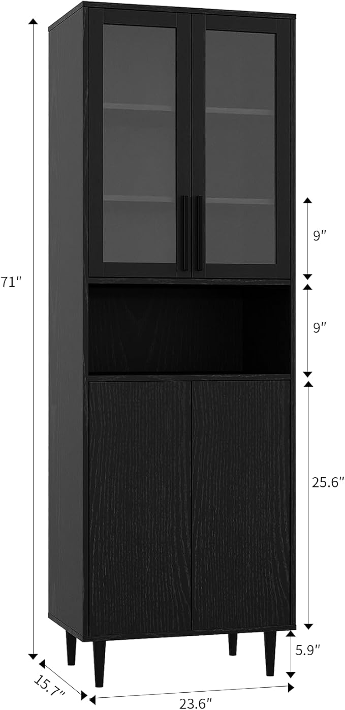 TUSY 70.9“ H Bookcase with Doors, 6-Tier Bookshelf with Open Shelf, Display Curio Cabinet with Glass Door, Narrow Display Bookcase for Home, Office, Clinic, Pantry (Black)