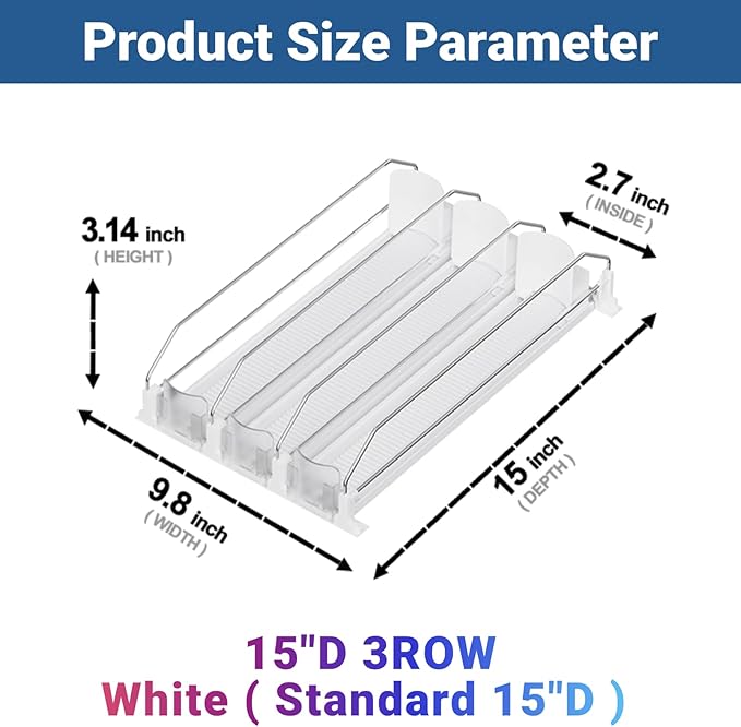 Drink Organizer for Fridge,12oz 16oz 20oz - Soda Can Dispenser for Refrigerator,Width Adjustable,Automatic Pusher Glide (White, 15"D 3ROW,Holds 15 Cans)