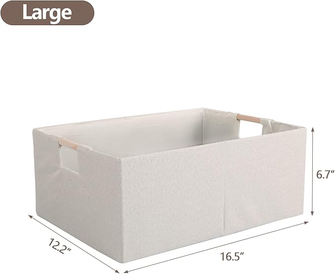Fabric Storage Bin 3 Pack Foldable Cotton Linen Storage Basket with Wooden Handles Rectangular Cube Box - Beige, Large