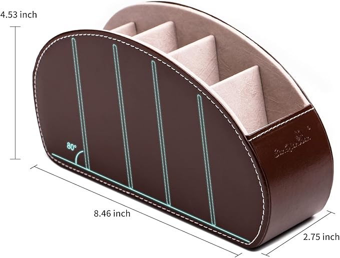 Remote Control Holder , PU Leather Organizer Box with 5 Compartments for Table Bed Office ,Remote Caddy Desktop Storage Home Accessories for Controllers , Media Player ,Make up Brush ,Pen (Brown-A)