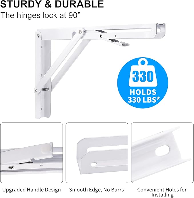YUMORE Folding Shelf Bracket Heavy Duty, 12 Inch White Collapsible Shelf Bracket, DIY L Bracket for Workbench Folding Table Hinge, Max Load: 330lbs, 2 Pack