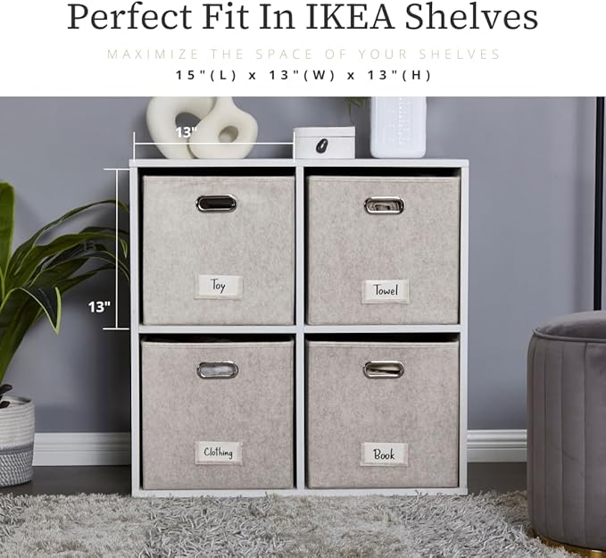 DECOMOMO Felt Storage Bins 13x15x13 Storage Cube Bins with Labels, Baskets for Organizing Shelves (Kallax / 4pcs, Beige)