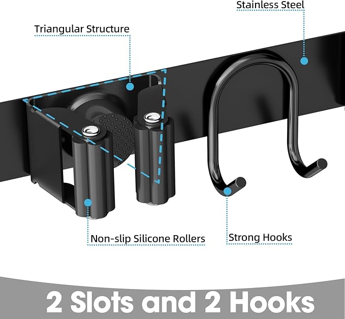 Broom Holder Wall Mount, Stainless Steel Mop and Broom Organizer, Broom Hanger with 2 Slots 2 Hooks for Home Kitchen, Garage, Garden and Laundry Room, Black