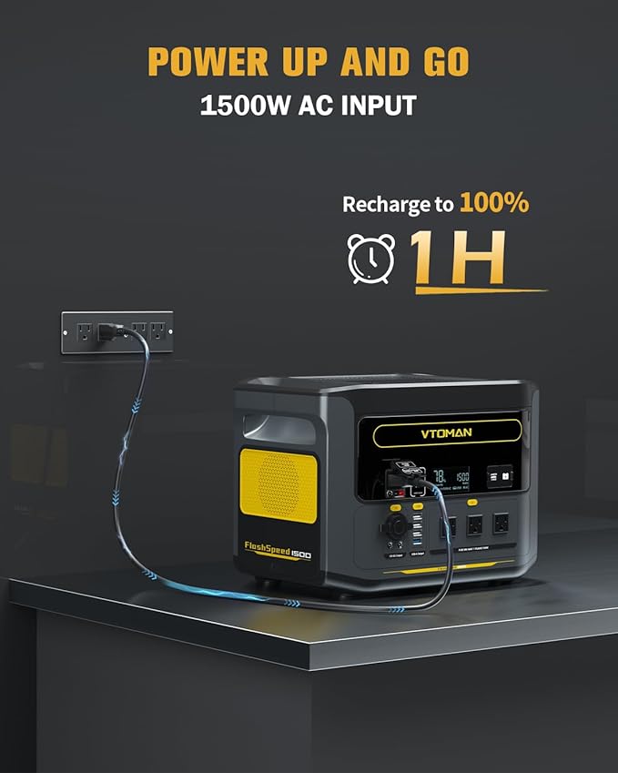VTOMAN FlashSpeed 1500 Portable Power Station with Jumper Cables, 1548Wh LiFePO4 Solar Generator & Car Jump Starter, Recharge 0-100% in 1H, 1500W AC Output/Input, for Outdoor, Home, Roadside Rescue