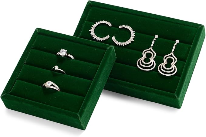 Oirlv 3 Slots Velvet Small Ring Organizer Earrings Trays Showcase Display Storage Insert Holder for Jewelry Box, Drawer, Dresser(Green,S)