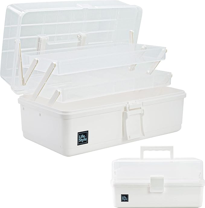 Creahaus 13 inch Art Craft Organizer Storage Box with 3 Layer, Multipurpose Plastic Tool Box with Handle for Sewing, Art Supply, Medicine, Nail, Hair Accessories (White)