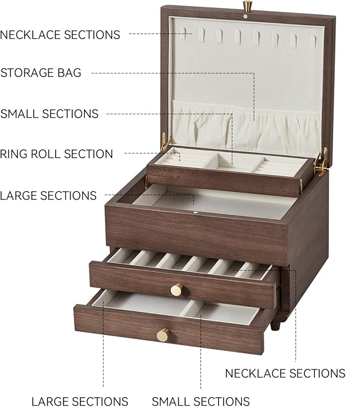 CHOSIN Wooden Jewelry Box, 3 Layer Large Jewelry Organizer for Women, Black Walnut Wood, Jewelry Storage for Necklaces Rings Earring Watches Bracelets Christmas Gifts(No Mirror)