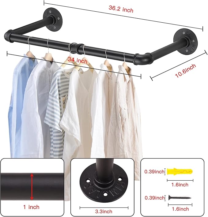 Wall Mounted Clothes Rack - 36" Industrial Pipe Clothing Garment Rack, Space - Saving Heavy Duty Detachable Black Iron Clothes Organizer, Multi-Purpose Hanging Rod for Closet Storage, 2 Base
