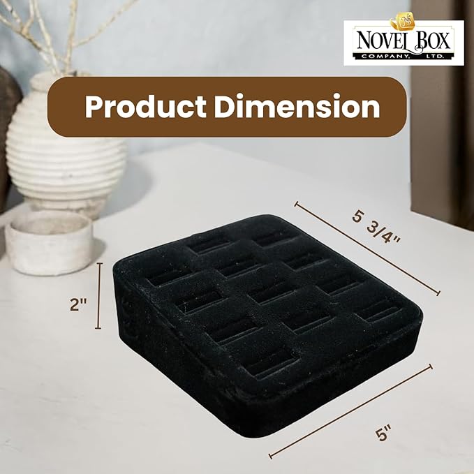 Novel Box 12-Slot Black Velvet Rings/Earrings/Cufflinks Holder Tray 5.75x5x2 Inches - Ring Holder Organizer for Selling or Personal Use - Jewelry Display Trays for Special Occasions