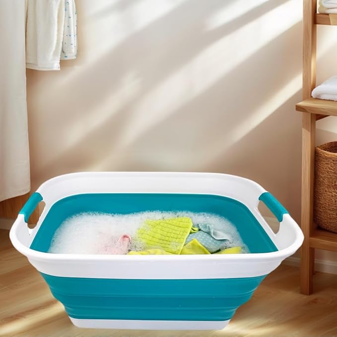 SAMMART 27L (7.1 Gallons) Collapsible Plastic Laundry Basket with Handle-Foldable Pop Up Storage Basket with handle (2, Ceramic Blue+Pale Purple)