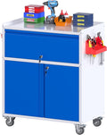 Aobabo Metal Cabinet with Wheels, Metal Garage Cabinet with 1 Drawer and 4 Hooks, Small Rolling Tool Storage with Pegboard and Handle, Blue Grey, Assembly Required