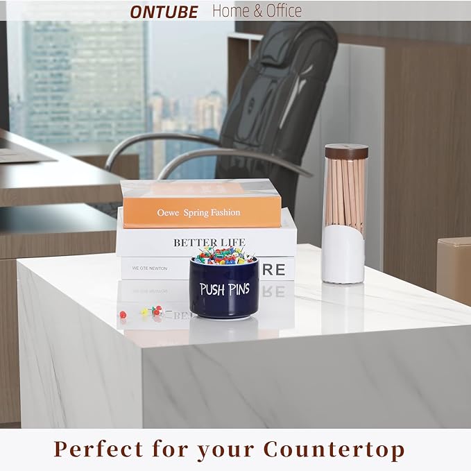 Ceramic Push Pins Holder, Paper Clips Dispenser Organizer for Desk and Binder Clips Holders Container for Office School Home Supplies 3.4Inch, Navy
