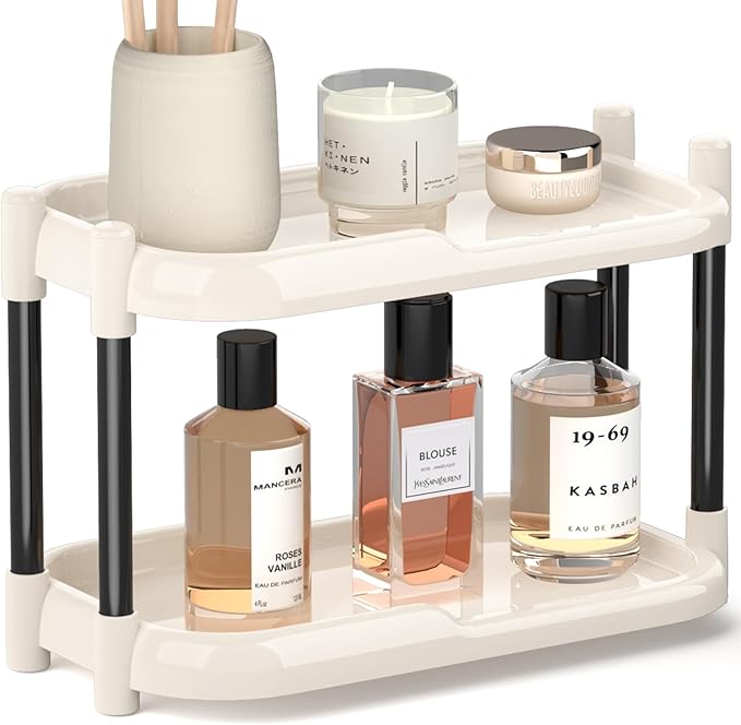 MARTY Bathroom Counter Organizer 2 Tier Makeup Organizer Countertop for Vanity Skincare Perfume Cosmetic Holder Spice Rack Storage Shelf for Bathroom Dresser Kitchen Coffee Station (White)