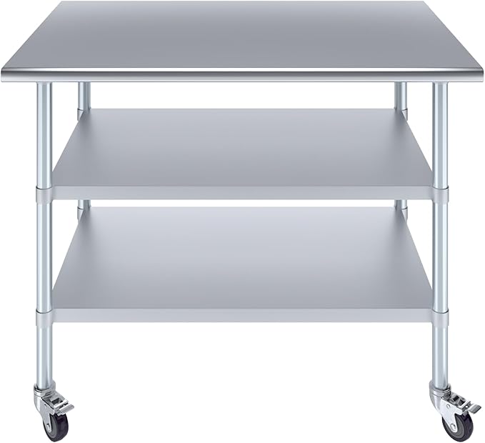 AmGood Stainless Steel Work Table with 2 Shelves and Casters | Metal Utility Table On Wheels (Stainless Steel Work Table with 2 Shelves + Casters, 48" Long x 30" Deep)